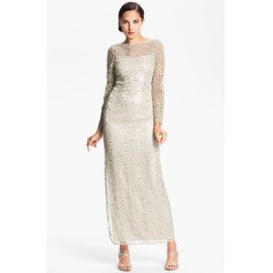 Kay Unger guipure lace and sequin long sleeve v back slit gown maxi dress